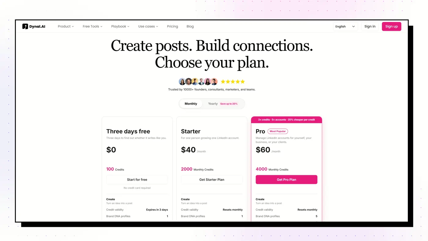 Dynal AI's pricing page, October 2026. Prices change; check the live page.