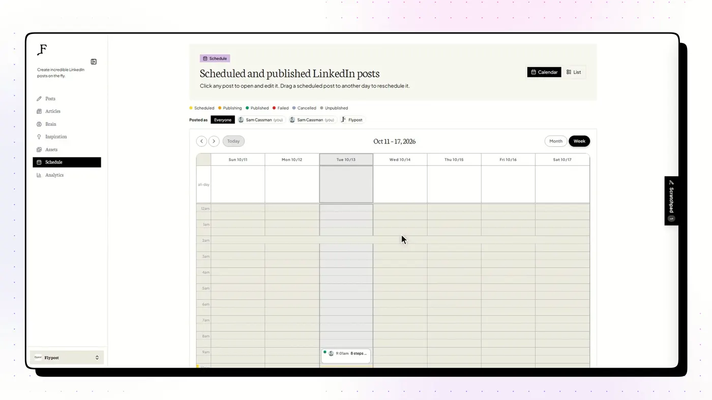 A month of drafted and scheduled LinkedIn posts in a content calendar (Flypost)