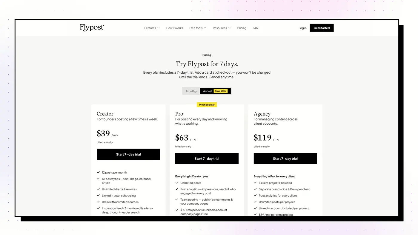 Flypost's pricing page, October 2026. Prices change; check the live page.