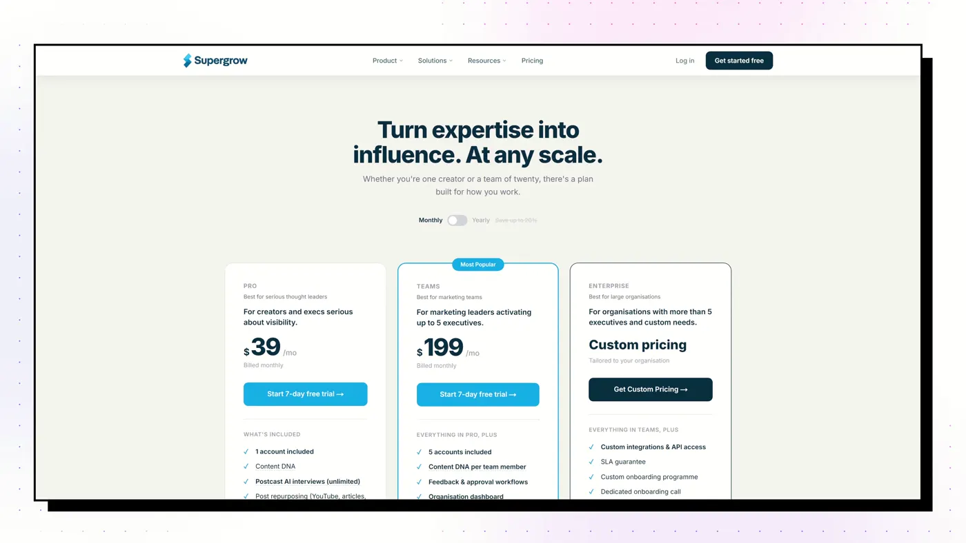 Supergrow's pricing page, October 2026. Prices change; check the live page.