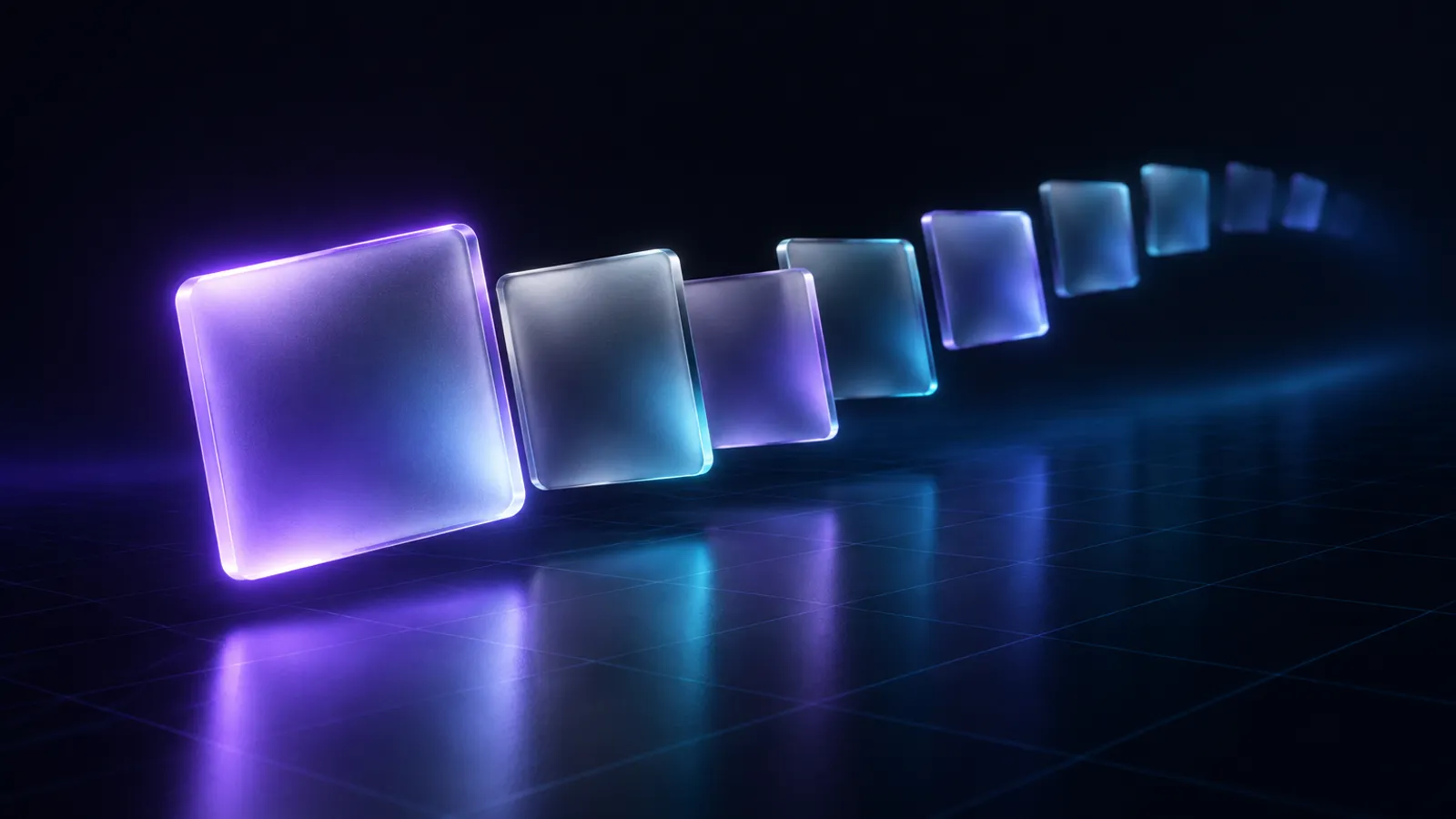 A fan of glowing glass slides, like a carousel spreading out