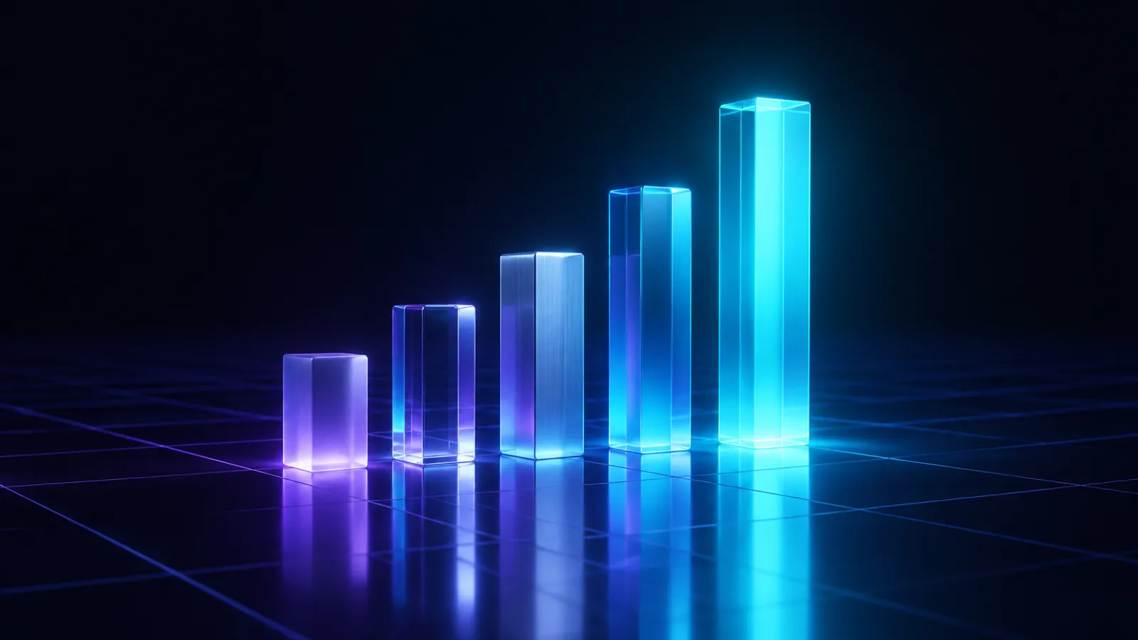 Glowing glass bar charts rising from a dark surface