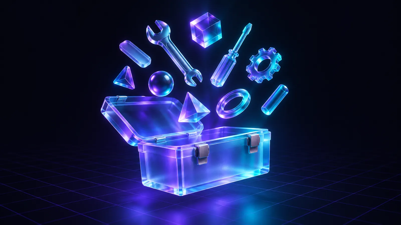 An open translucent glass toolbox with glowing tools lifting out of it