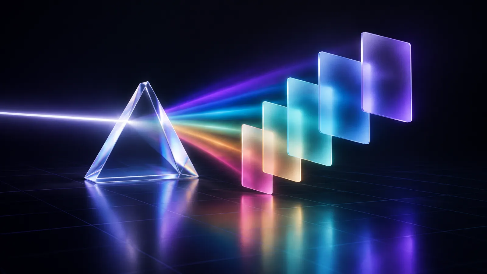 Abstract glass shapes assembling lines of text above a glowing core