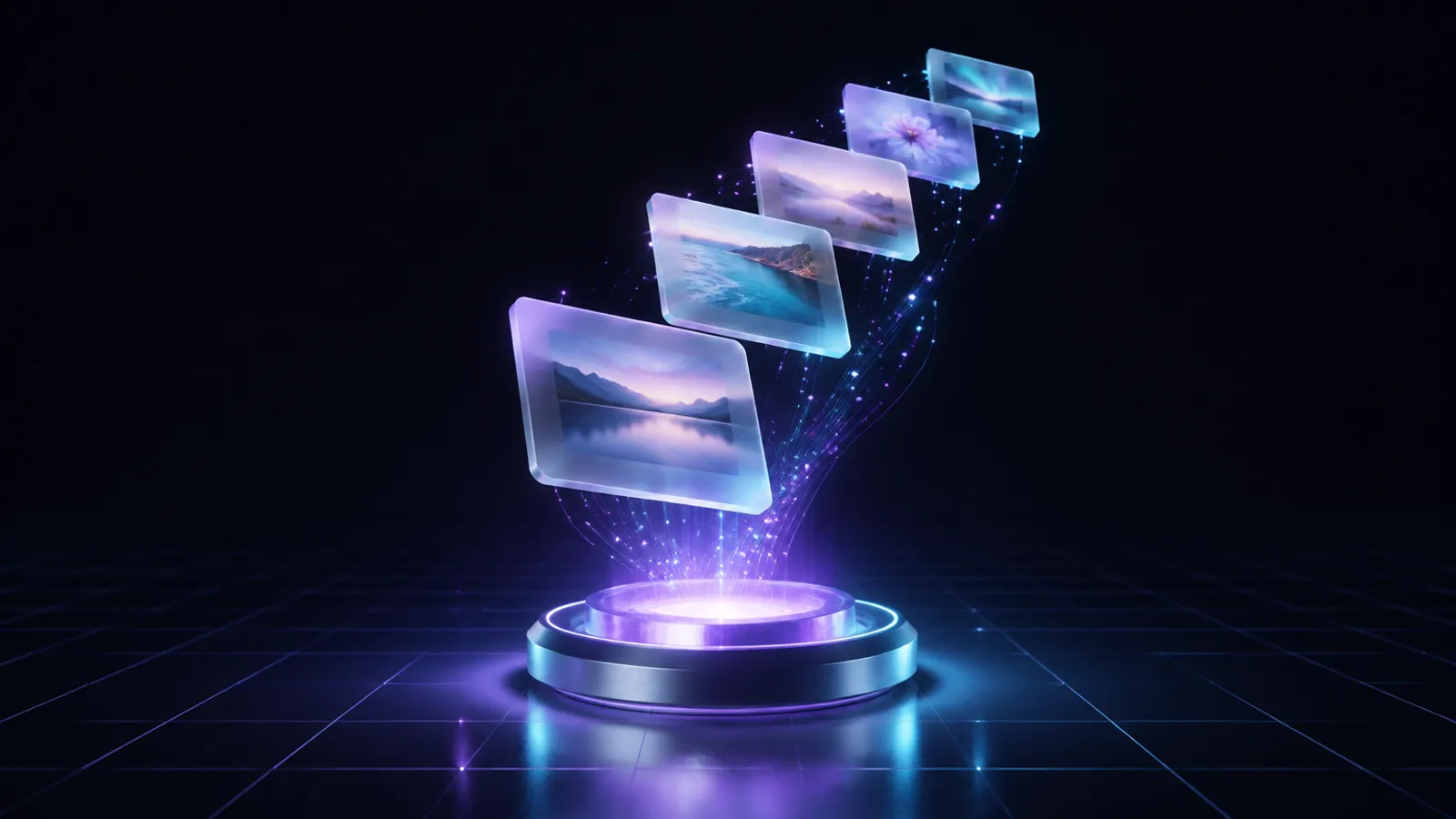 Glass post cards rising from a glowing core