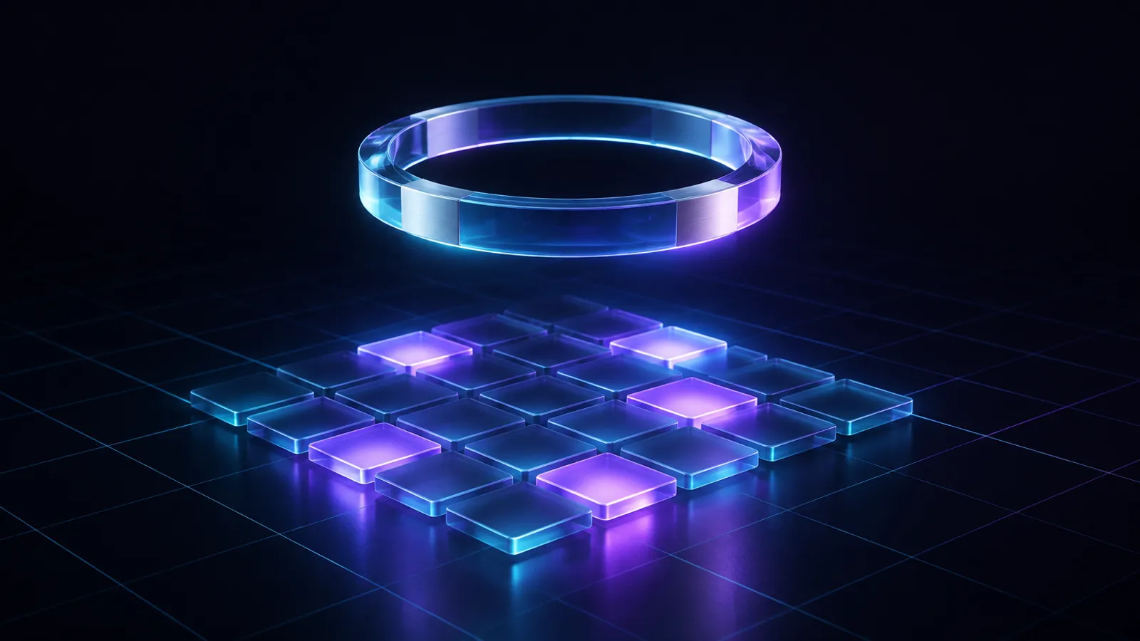A glowing glass calendar grid with post cards slotting into time slots